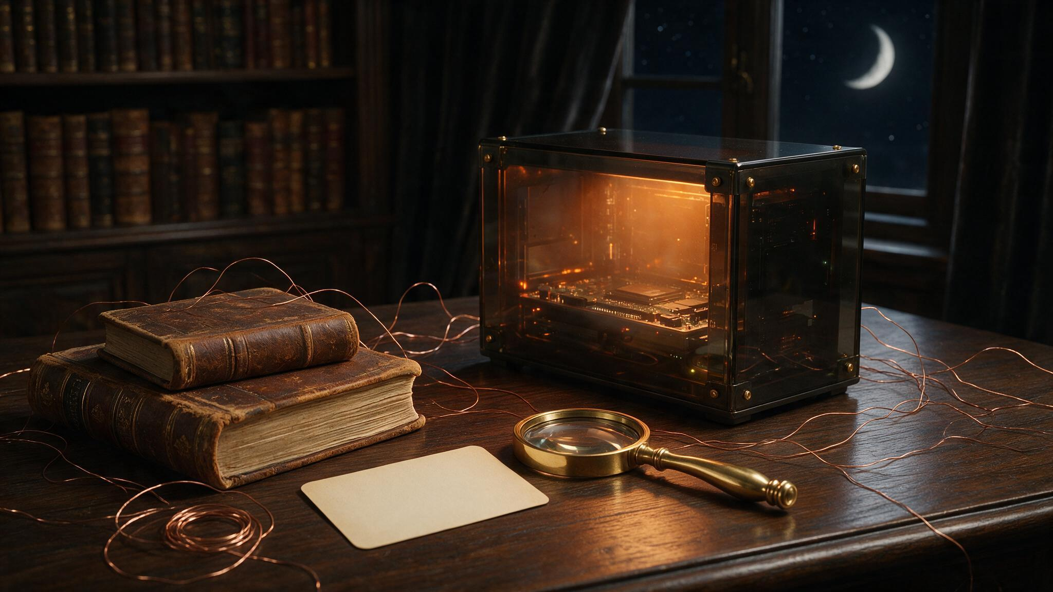 A quiet archive desk and research library setting with books, documents, and warm lighting.