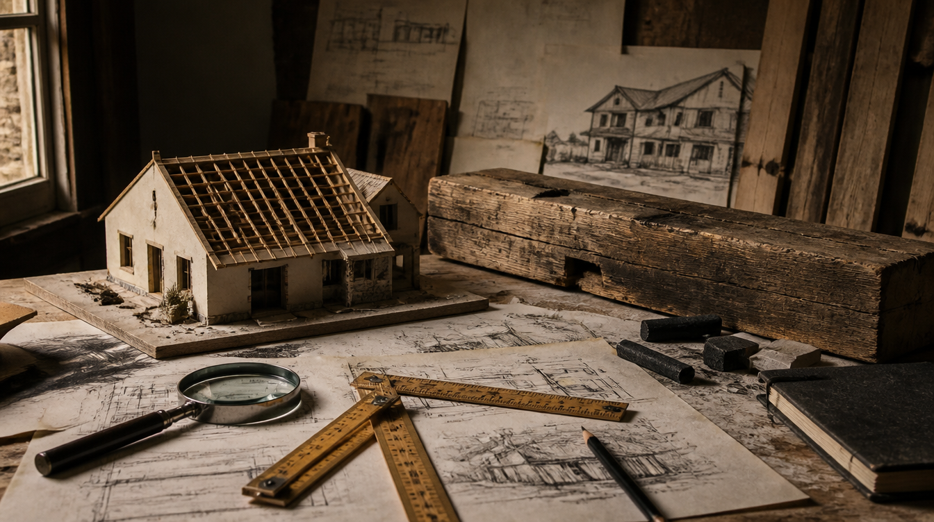 A scale model of a house surrounded by architectural sketches, rulers, and timber planning materials.