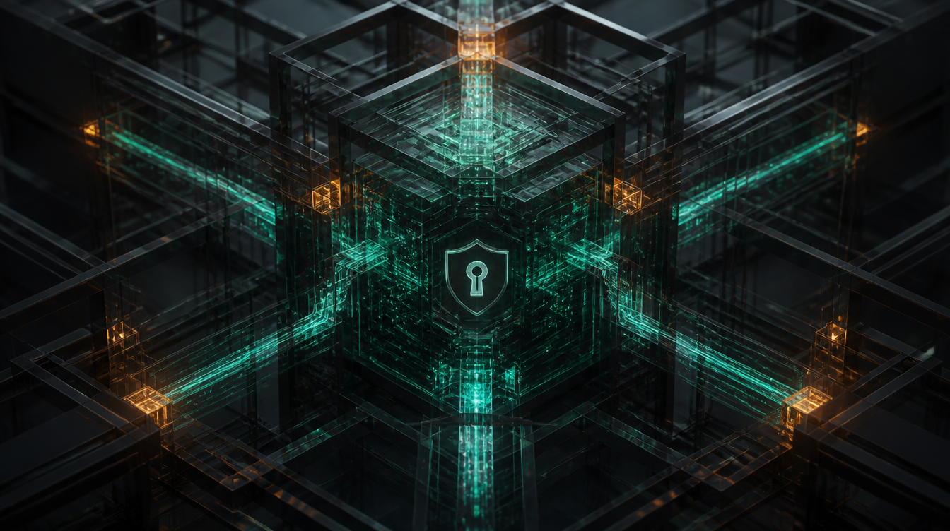 A defensive security bastion with encrypted network pathways and obsidian glass nodes.