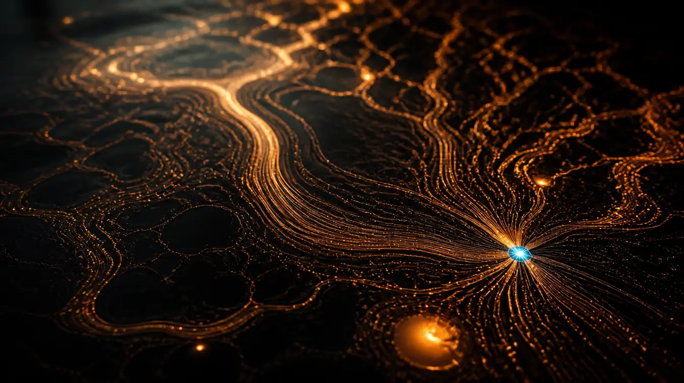 Copper circuit traces flowing across black glass at the PULSE agent workstation.
