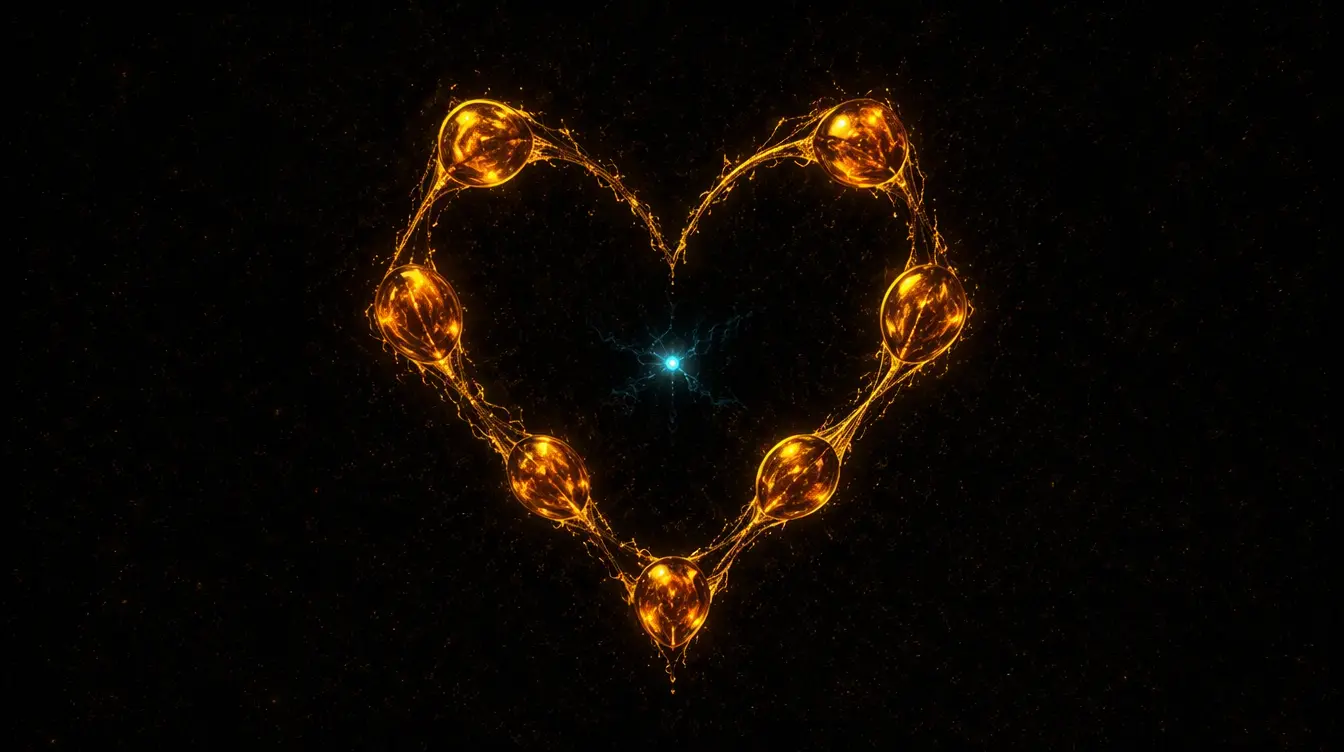 Seven amber nodes forming a heart-shaped constellation around a cyan centre.