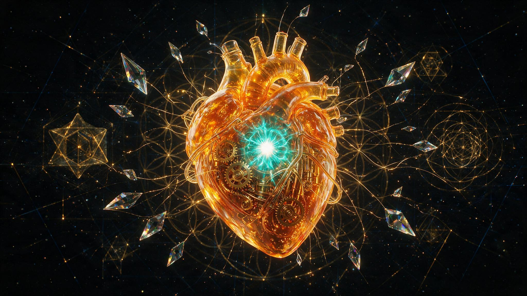 An abstract machine heart of molten amber glass, the operational core of Jo Cor Hub.