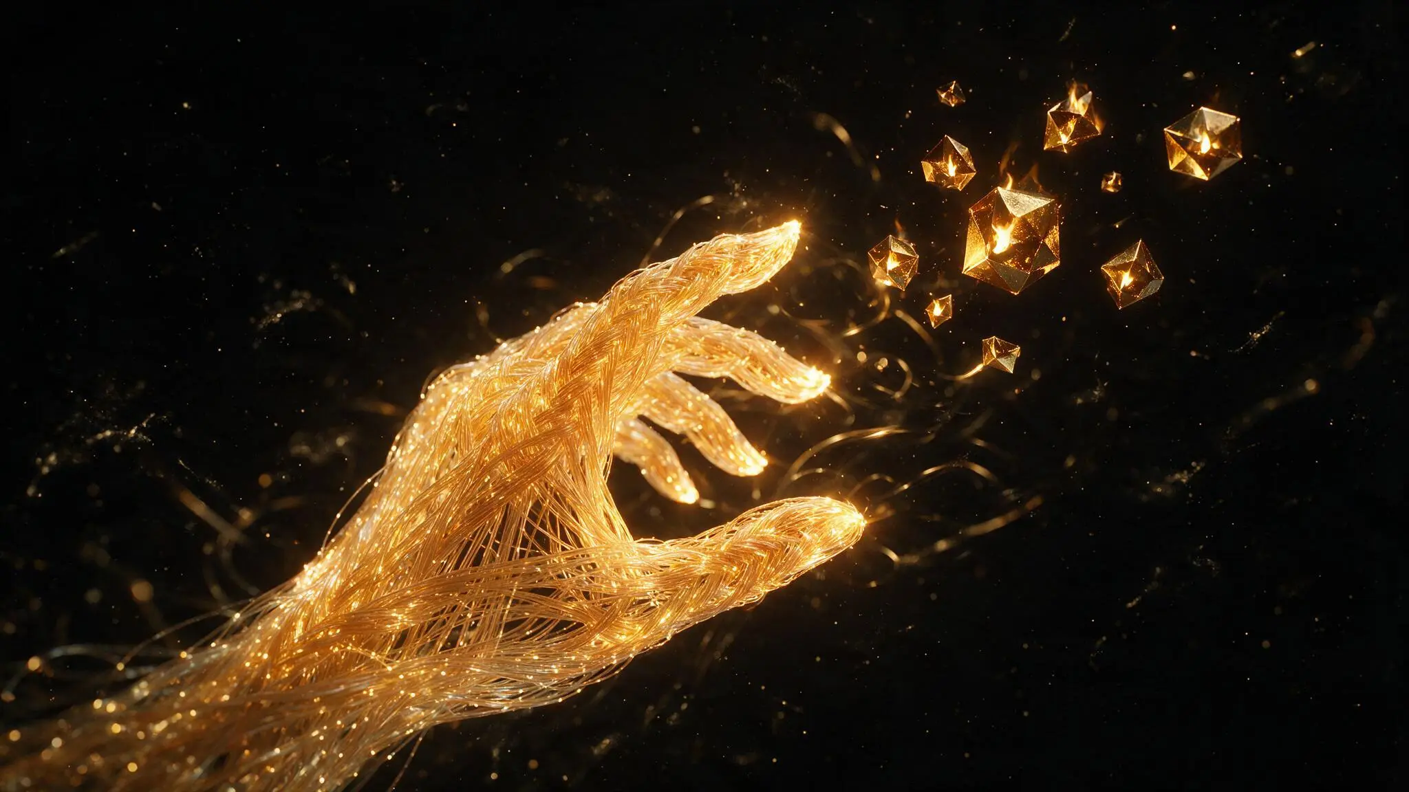 Woven amber fiberoptic hand reaching toward floating ecosystem symbols.