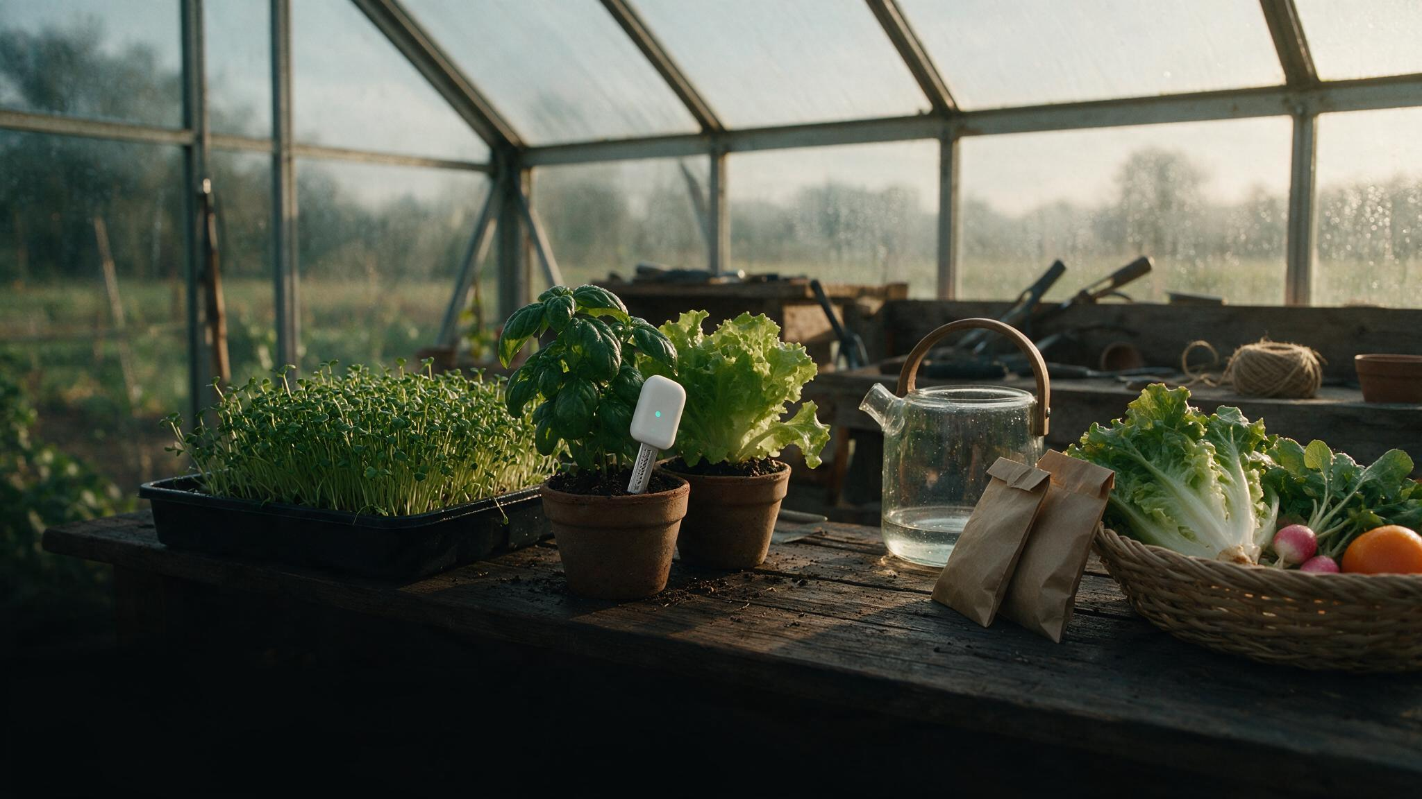 A quiet greenhouse setting with microgreens, healthy soil, and morning sunlight.
